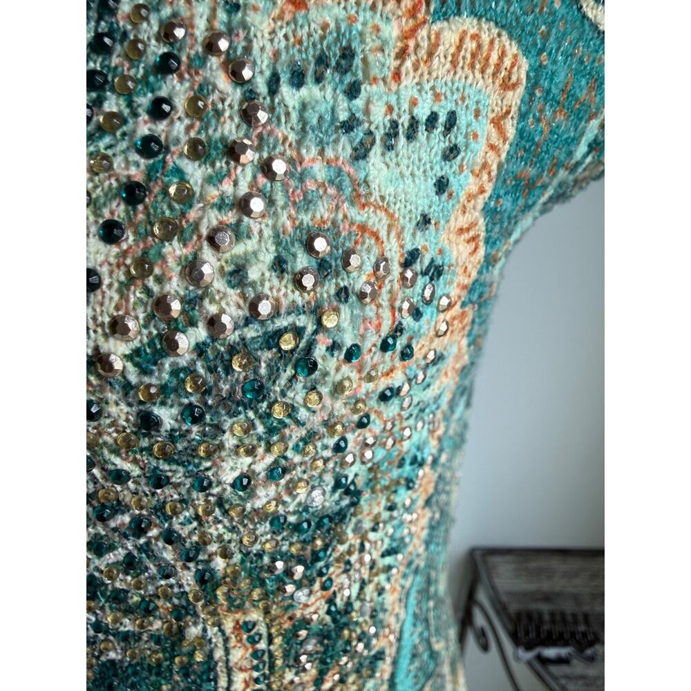 Reba Rhinestoned Paisley Green Midi Dress V-Neck cap sleeve SZ Medium - Picture 3 of 15